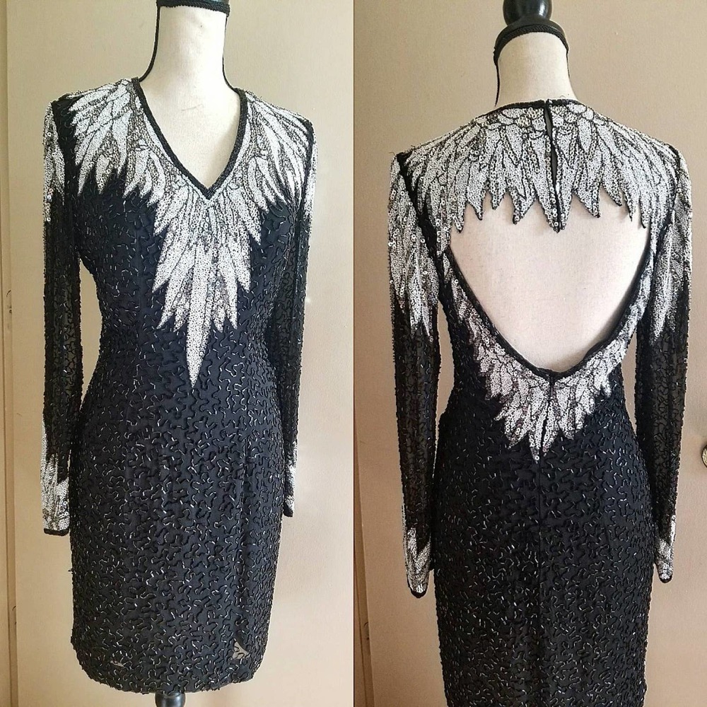 Vintage Black and White Beaded Dress || Oleg Cassini